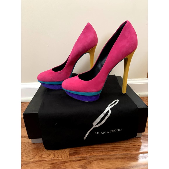 Brian Atwood Fontanne Multicolor Suede Platform Pumps - Picture 5 of 13